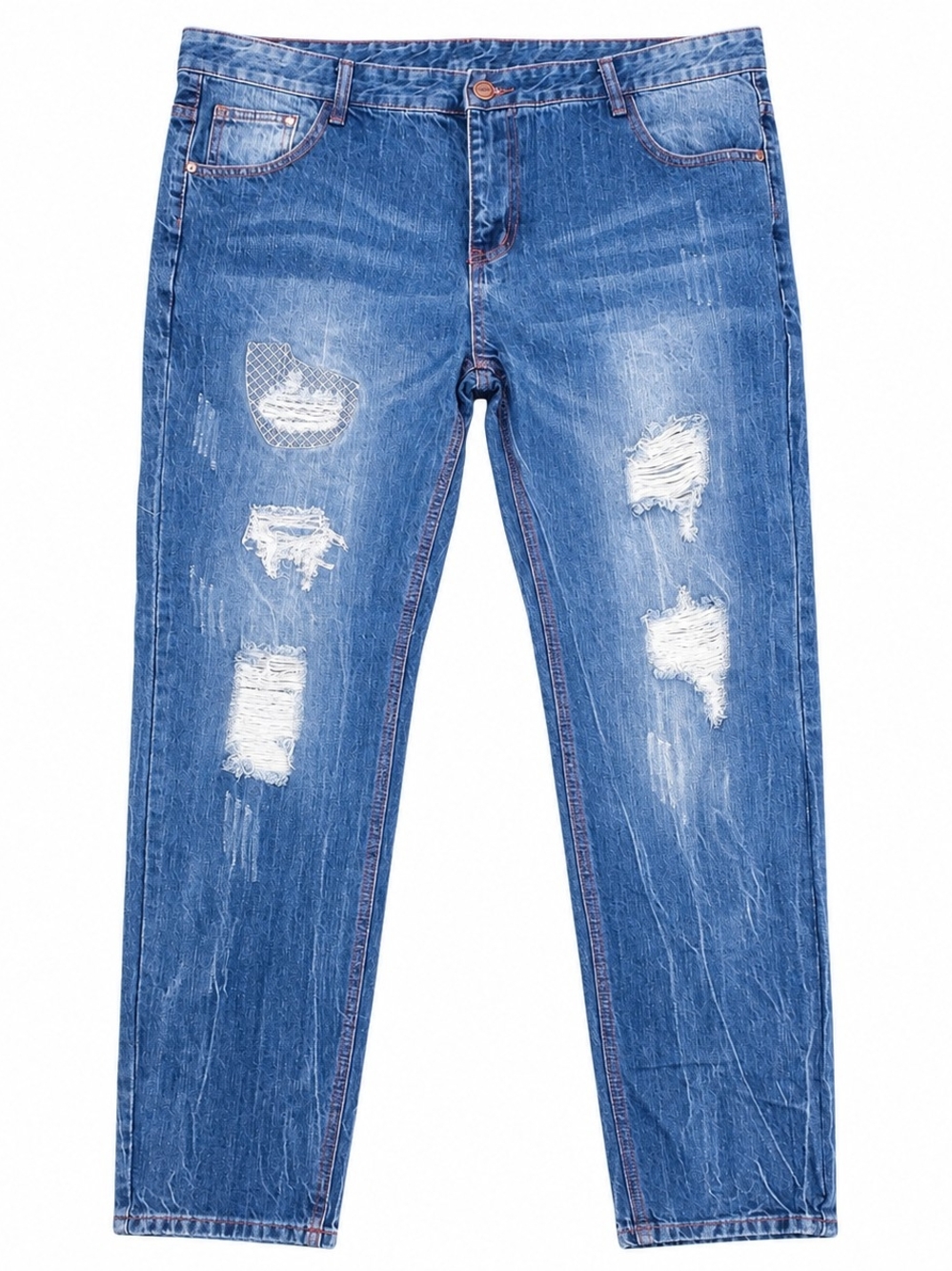 Fashion Distressed Jeans Mens Size 42 Blue Red Stitch Straight Leg NWT